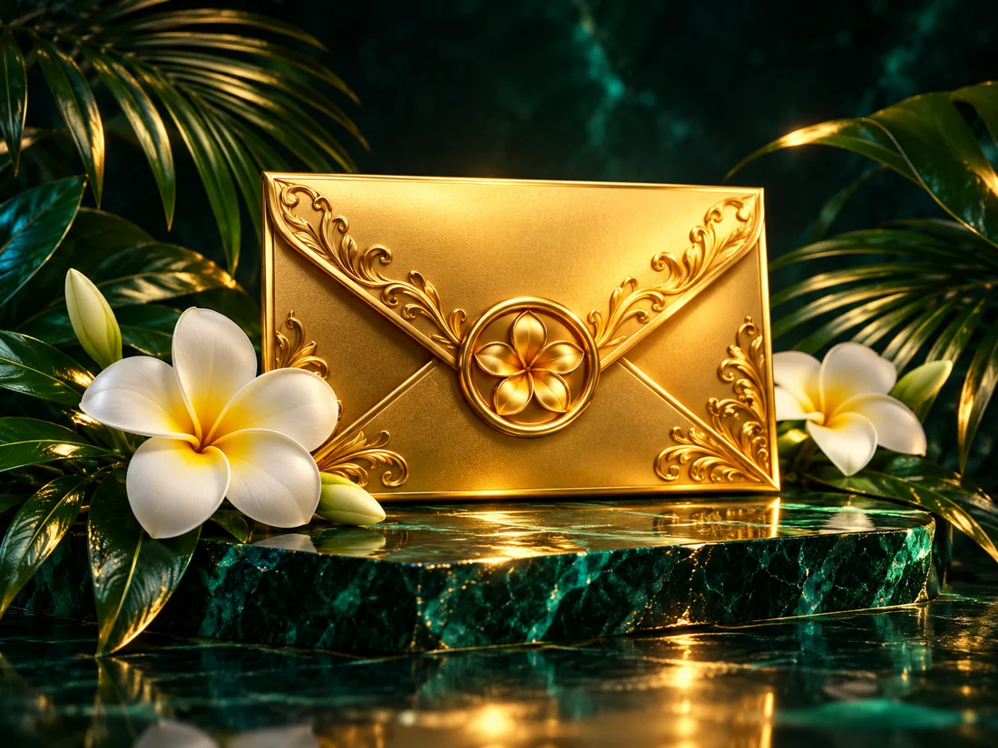 Gold envelope and tropical flowers
