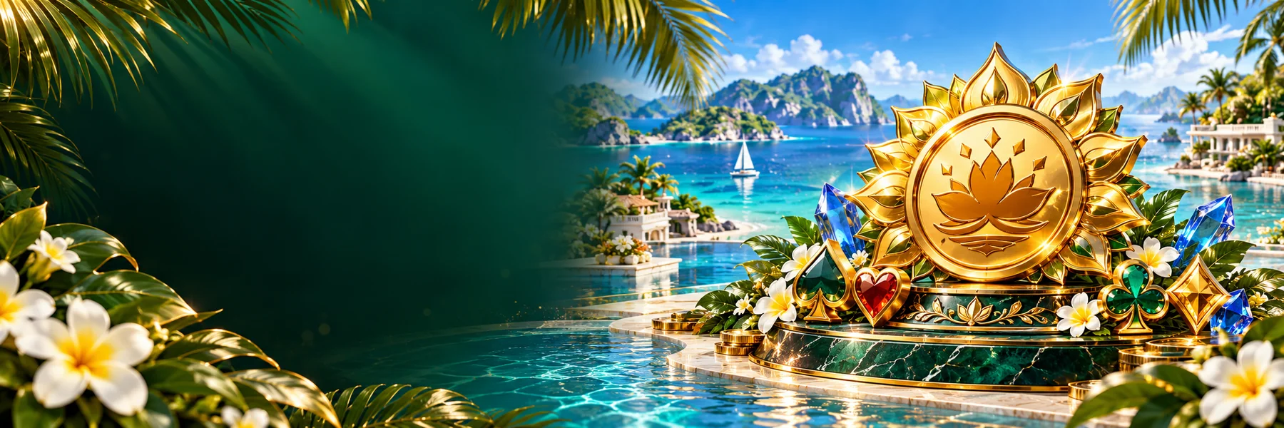 Gold lotus emblem beside a tropical blue lagoon