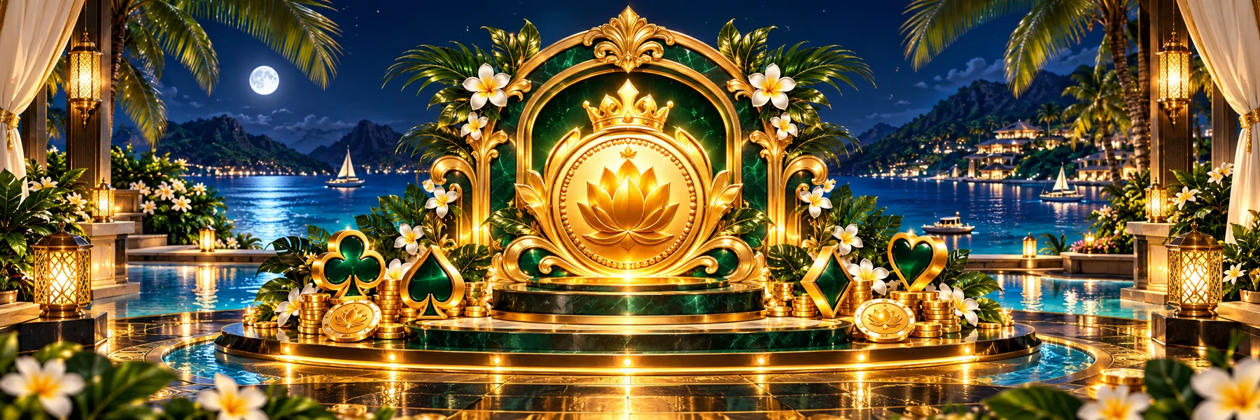 Gold lotus portal above an evening lagoon