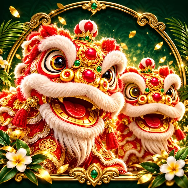 Red and gold ceremonial lions illustration