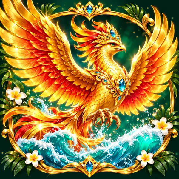 Golden bird above turquoise waves illustration
