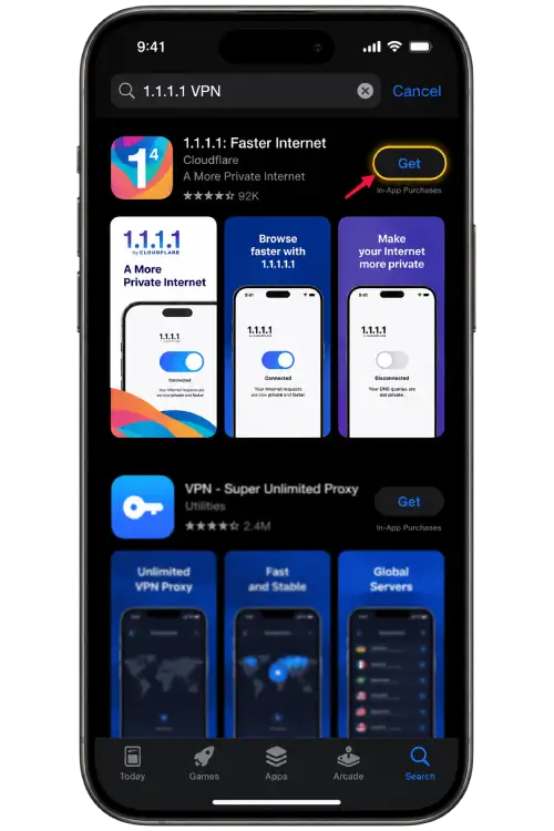 IOS step 2: Find the Cloudflare app